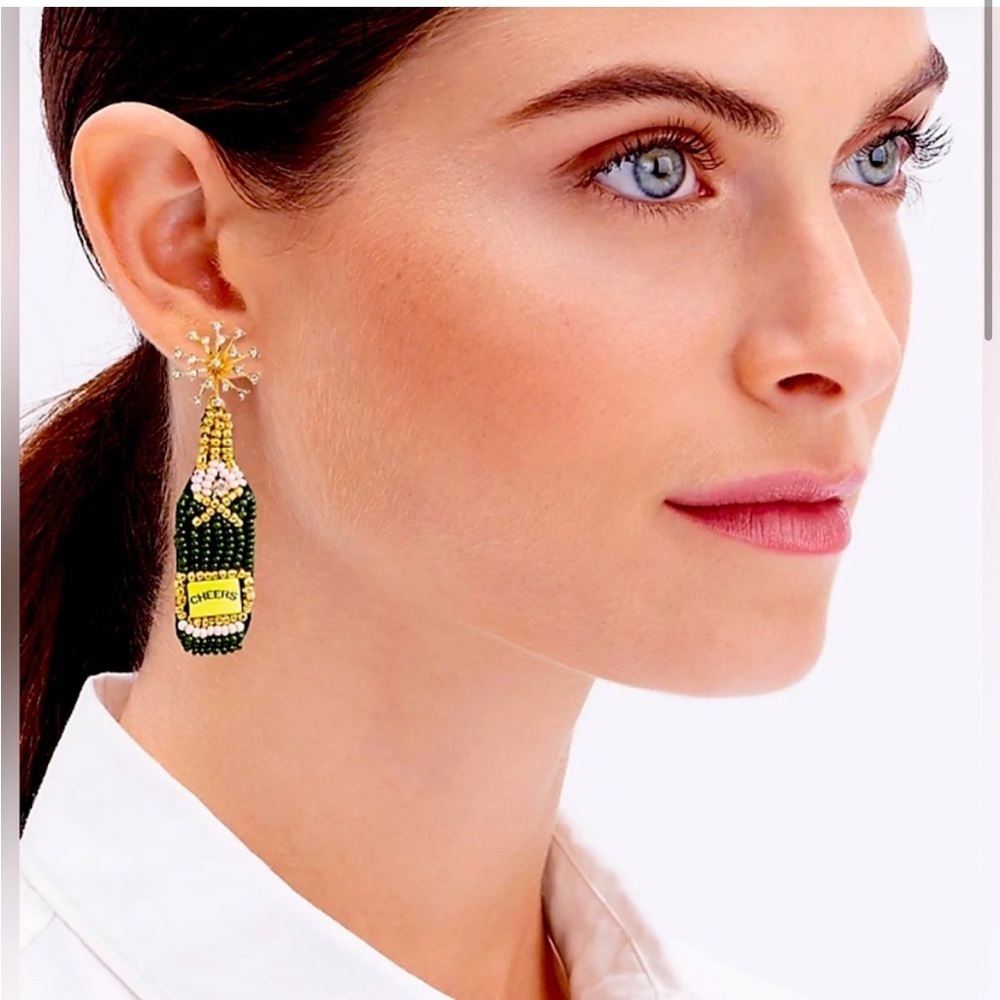 NWT J. Crew Factory Champagne Beaded Rhinestone Dangly Statement Earrings